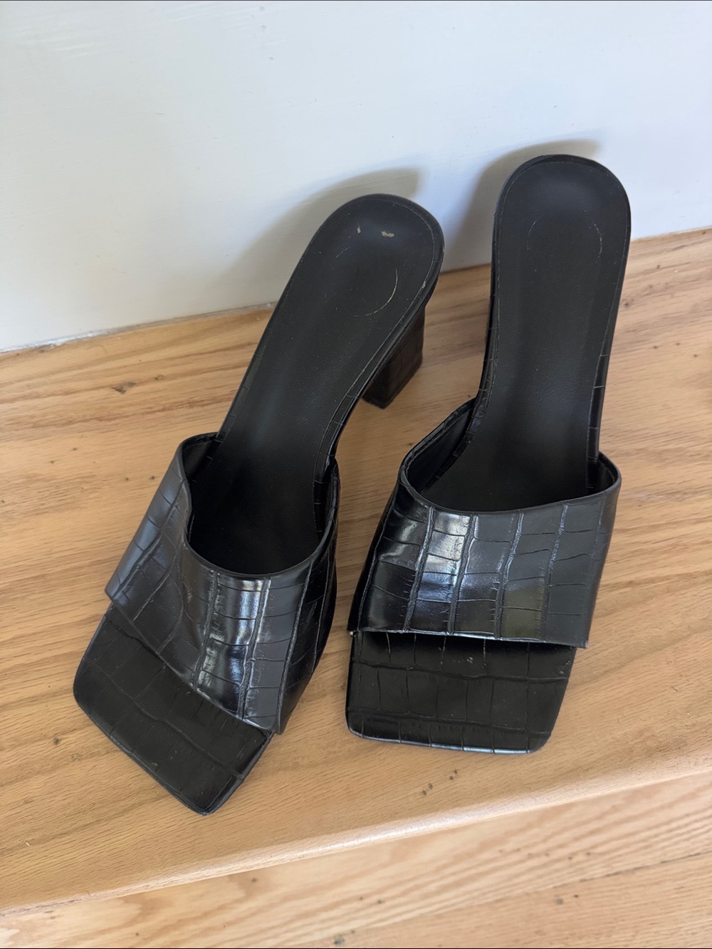 Black Croc-Embossed Square-Toe Slide Heels